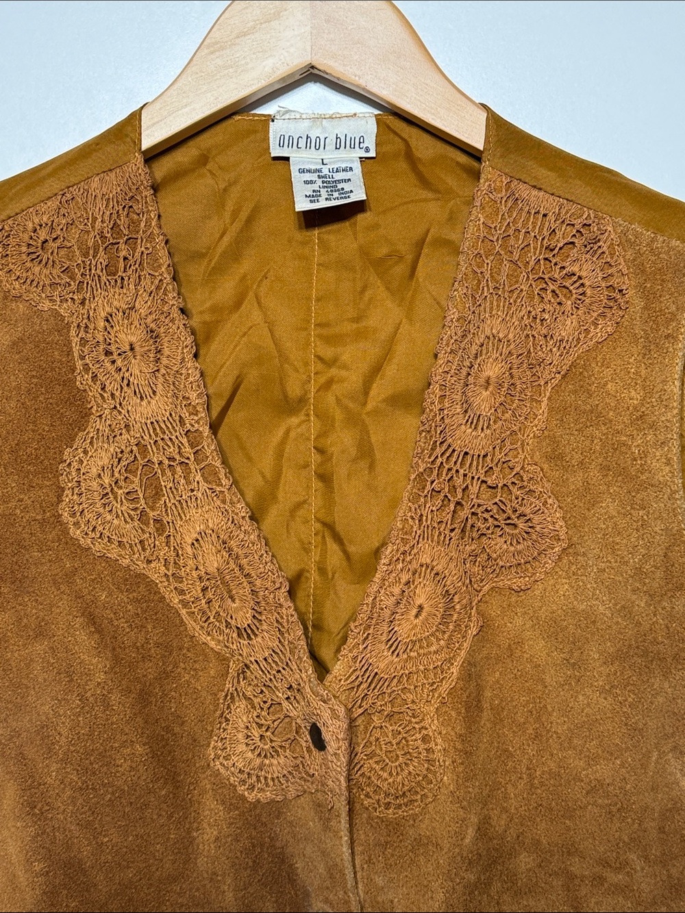 Anchor Blue Vintage Suede Leather Vest featuring lace embroidery details - Picture 7 of 15
